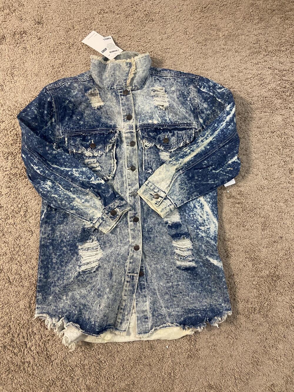 Thrill Jeans Denim Jacket Womens Large Blue Longline Distressed Acid Wash Frayed